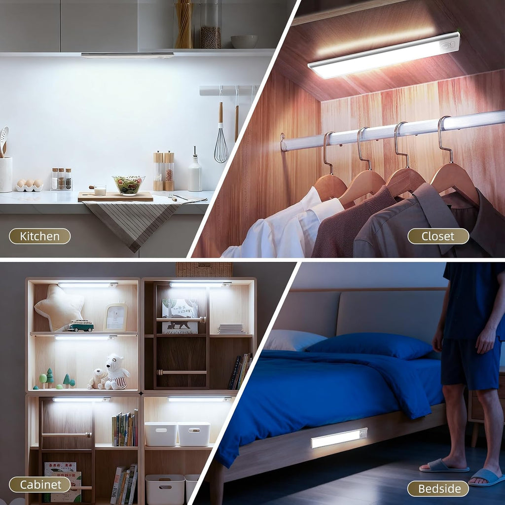 4 Pack Under Cabinet Lighting, Rechargeable Motion Sensor Light Indoor, Wireless Dimmable Magnetic Closet Lights, 32 LED Under Counter Lights for Kitchen