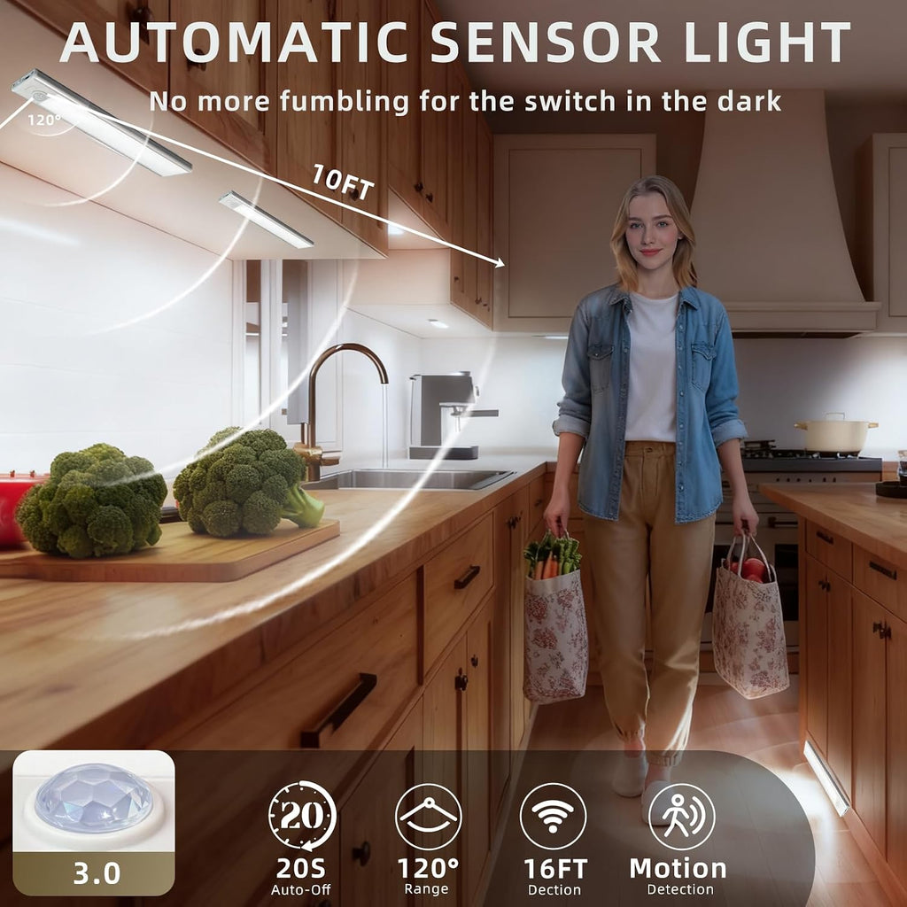 4 Pack Under Cabinet Lighting, Rechargeable Motion Sensor Light Indoor, Wireless Dimmable Magnetic Closet Lights, 32 LED Under Counter Lights for Kitchen