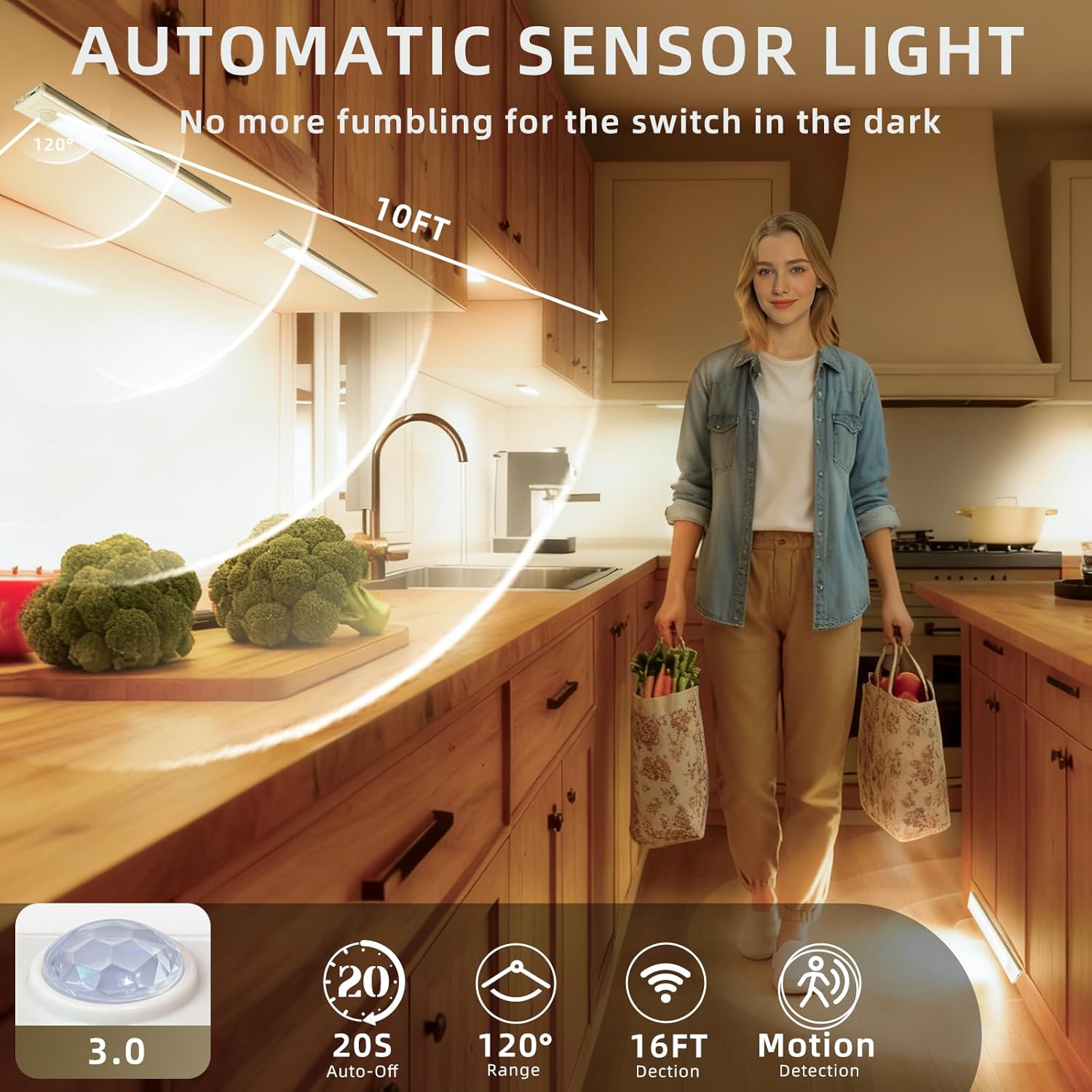 4 Pack Under Cabinet Lighting, Rechargeable Motion Sensor Light Indoor, Wireless Dimmable Magnetic Closet Lights, 32 LED Under Counter Lights for Kitchen