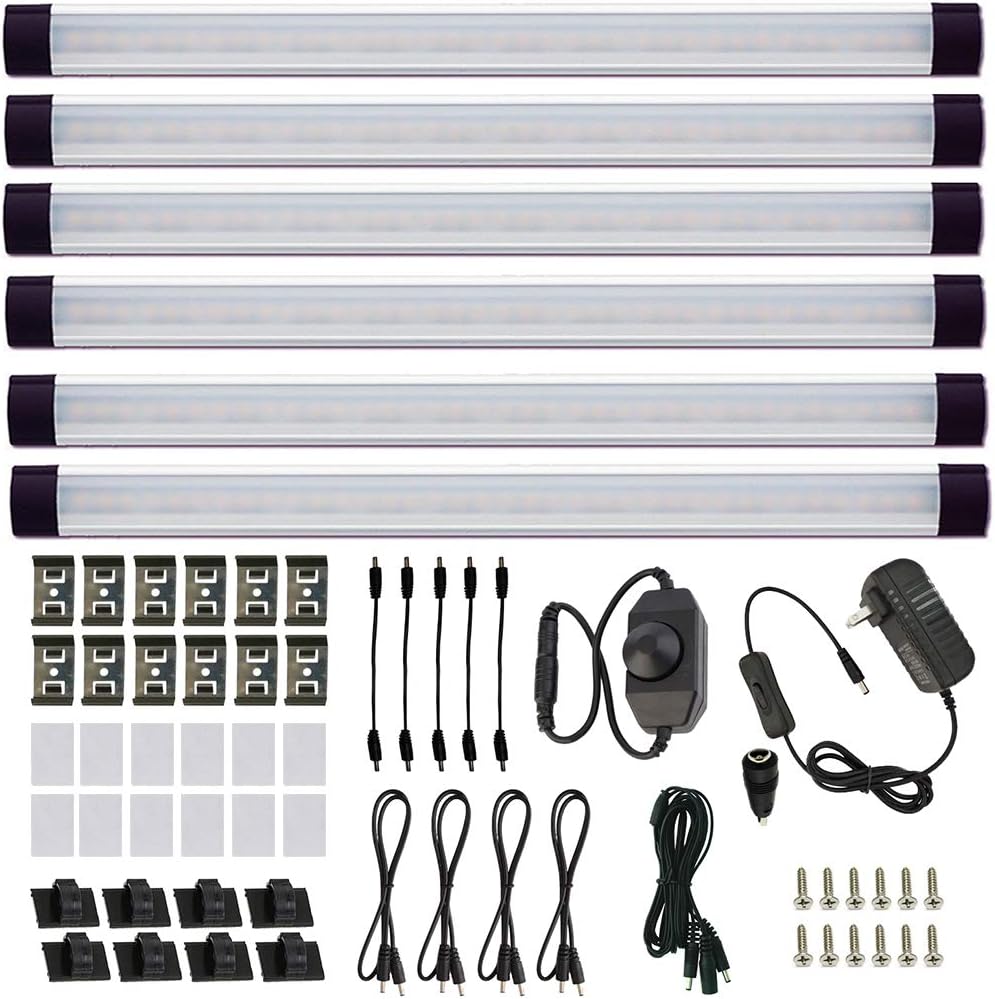 LED Under Counter Light Rigid Bar Kit, Plug in Corded Under Cabinet Lighting with 12V LED Dimmable Switch for Counter Shelf Showcase Display Lighting (6 Panels,Warm White)