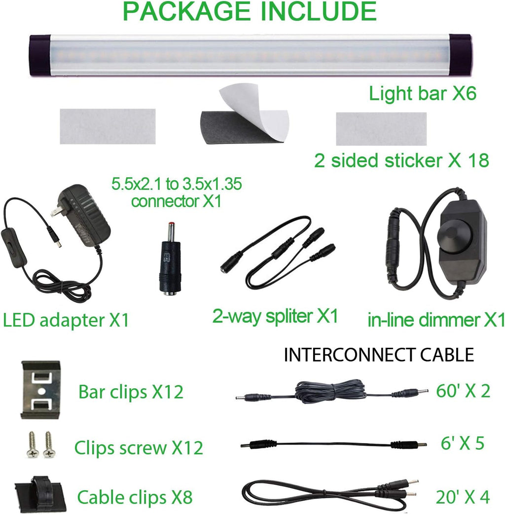 LED Under Counter Light Rigid Bar Kit, Plug in Corded Under Cabinet Lighting with 12V LED Dimmable Switch for Counter Shelf Showcase Display Lighting (6 Panels,Warm White)