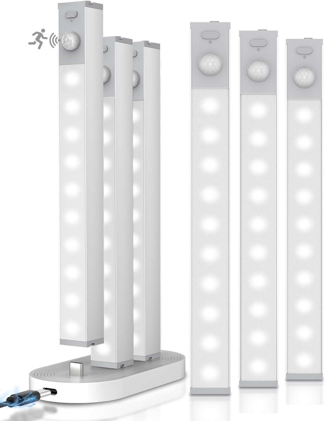 7" Under Cabinet Lighting with Charging Station, 6 Pack | LED Motion Sensor Light Indoor, Rechargeable Closet Lights with Dimmable Brightness for Cabinets