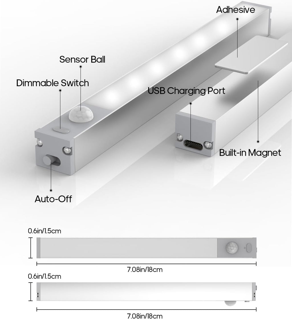 7" Under Cabinet Lighting with Charging Station, 6 Pack | LED Motion Sensor Light Indoor, Rechargeable Closet Lights with Dimmable Brightness for Cabinets