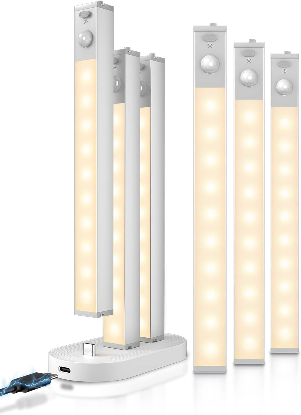7" Under Cabinet Lighting with Charging Station, 6 Pack | LED Motion Sensor Light Indoor, Rechargeable Closet Lights with Dimmable Brightness for Cabinets