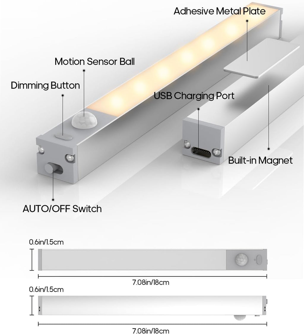 7" Under Cabinet Lighting with Charging Station, 6 Pack | LED Motion Sensor Light Indoor, Rechargeable Closet Lights with Dimmable Brightness for Cabinets