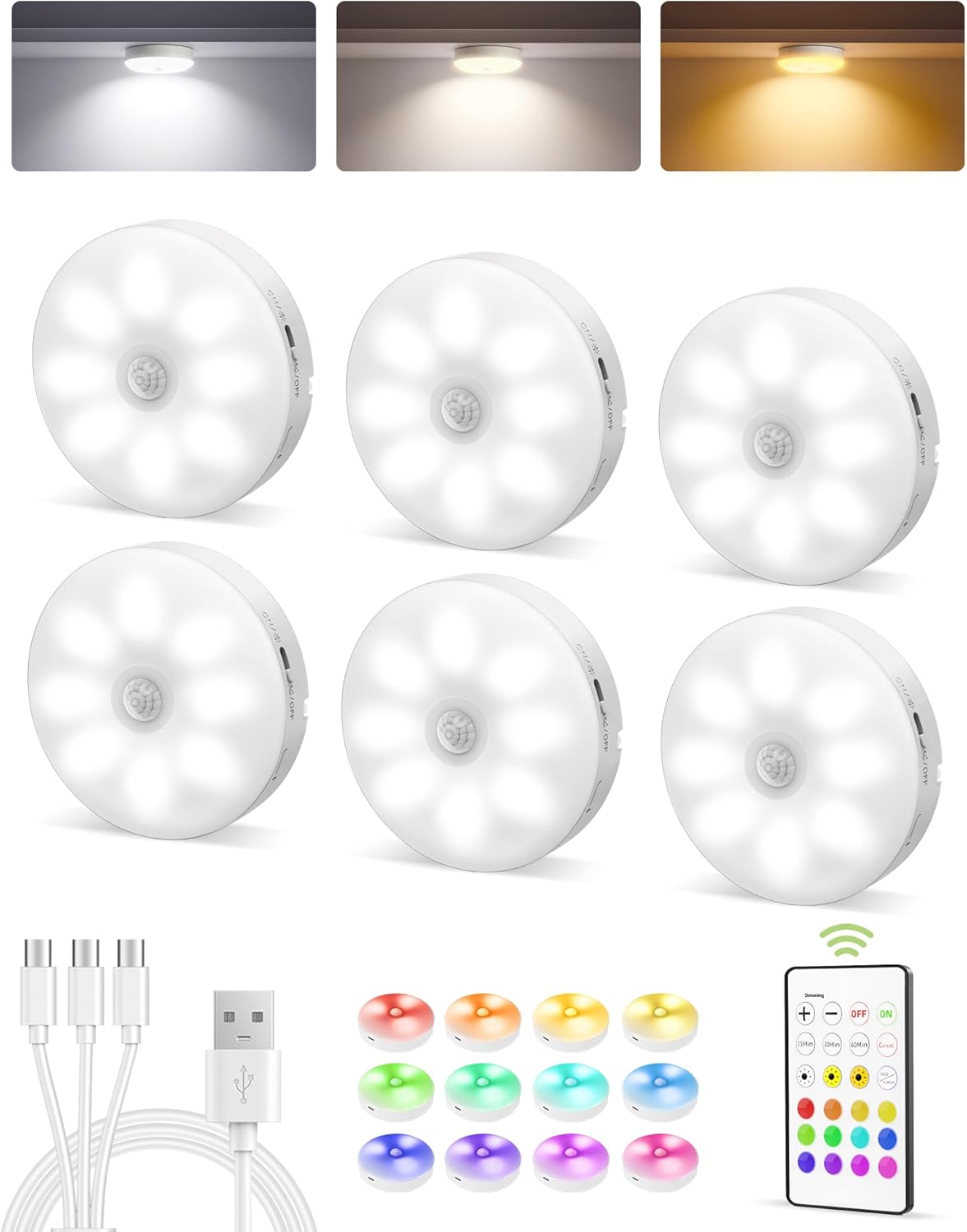 Under Cabinet Puck Lights with Remote, Motion Sensor Lights | 6-Pack with Remote, Rechargeable, Wireless