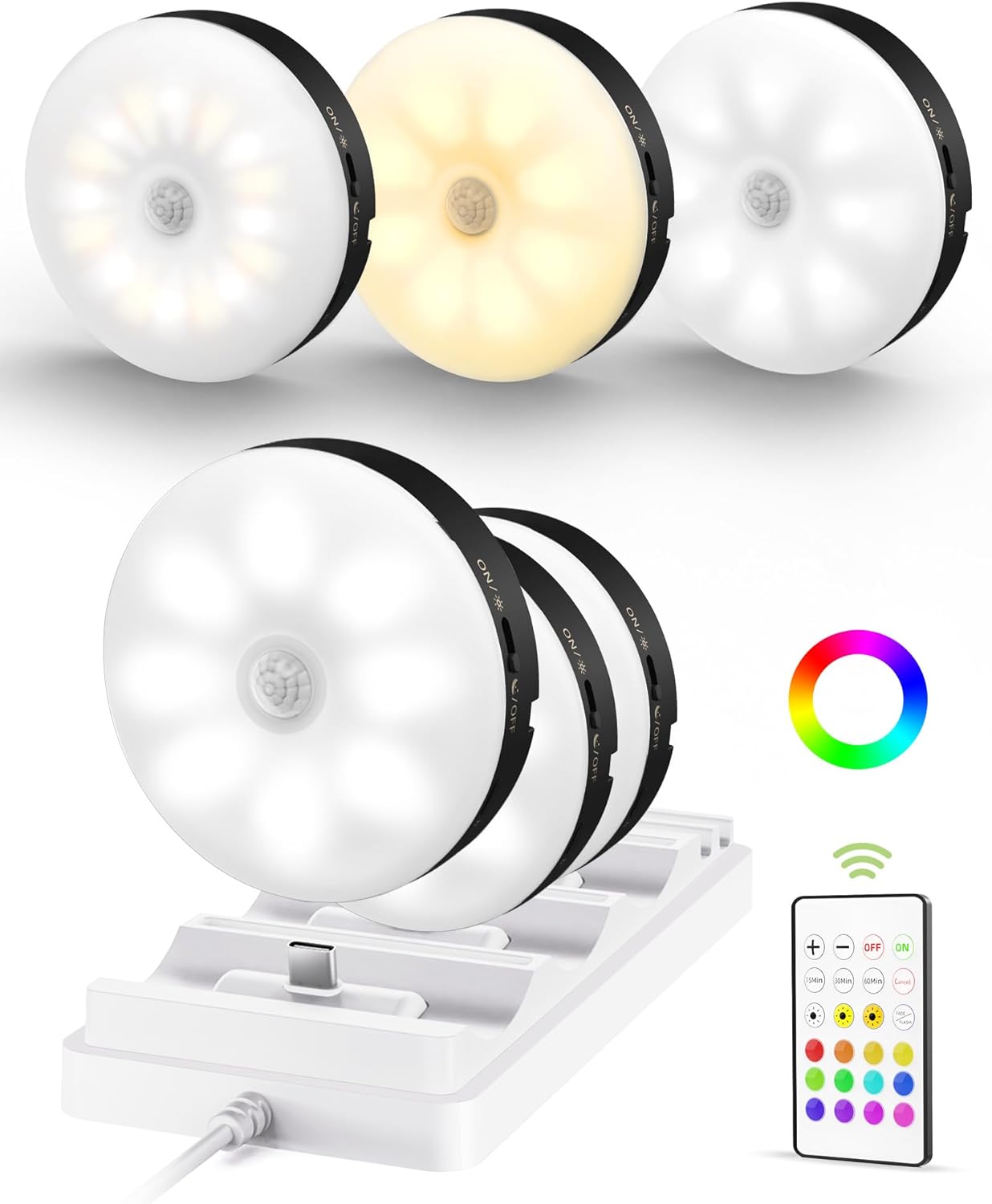 Under Cabinet Lighting with Charging Station, 1000mAh Rechargeable Puck Lights with Remote, 3 Color Temps & 12 RGB Closet Lights (6 Packs)