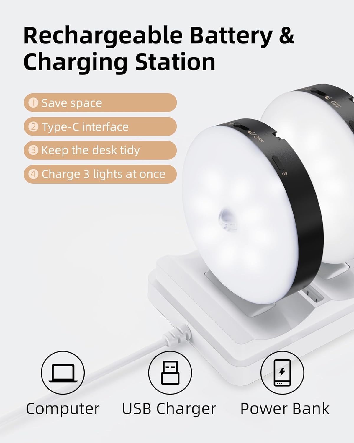 Under Cabinet Lighting with Charging Station, 1000mAh Rechargeable Puck Lights with Remote, 3 Color Temps & 12 RGB Closet Lights (6 Packs)