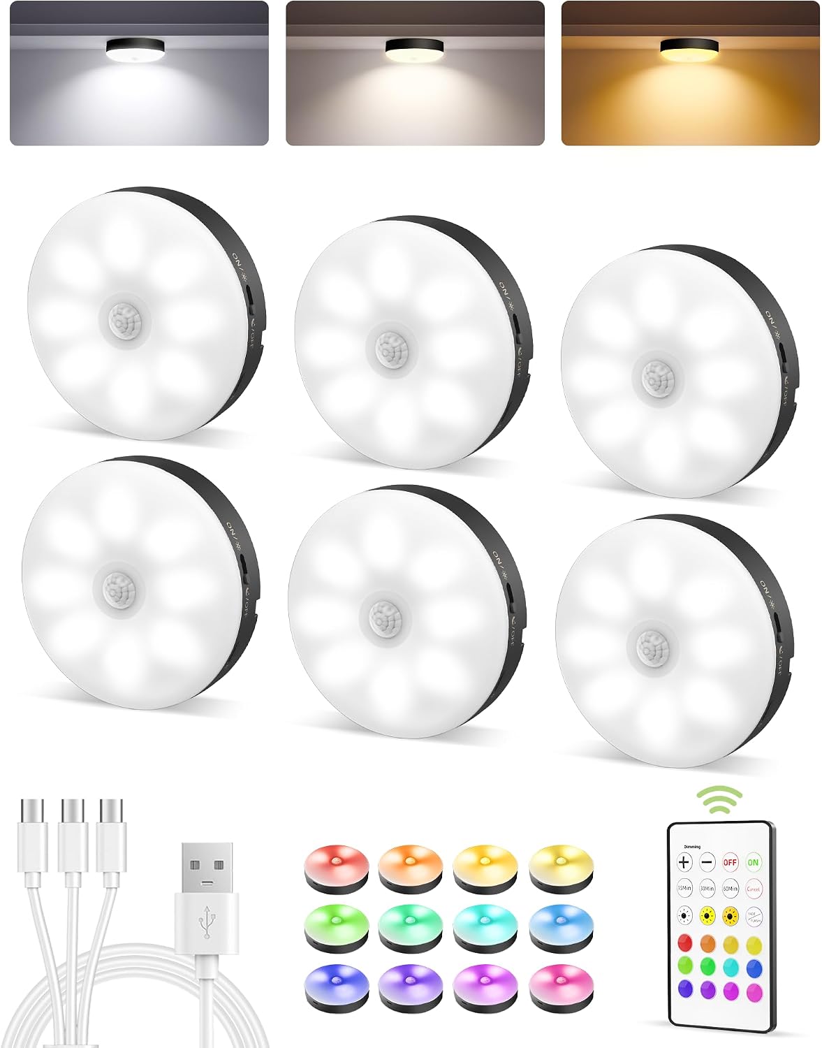 6-Pack RGB Under Cabinet Lights with Remote, Rechargeable Motion Sensor Puck Lights, 3 Color Temps, 12 RGB Colors, Dimmable (Black)