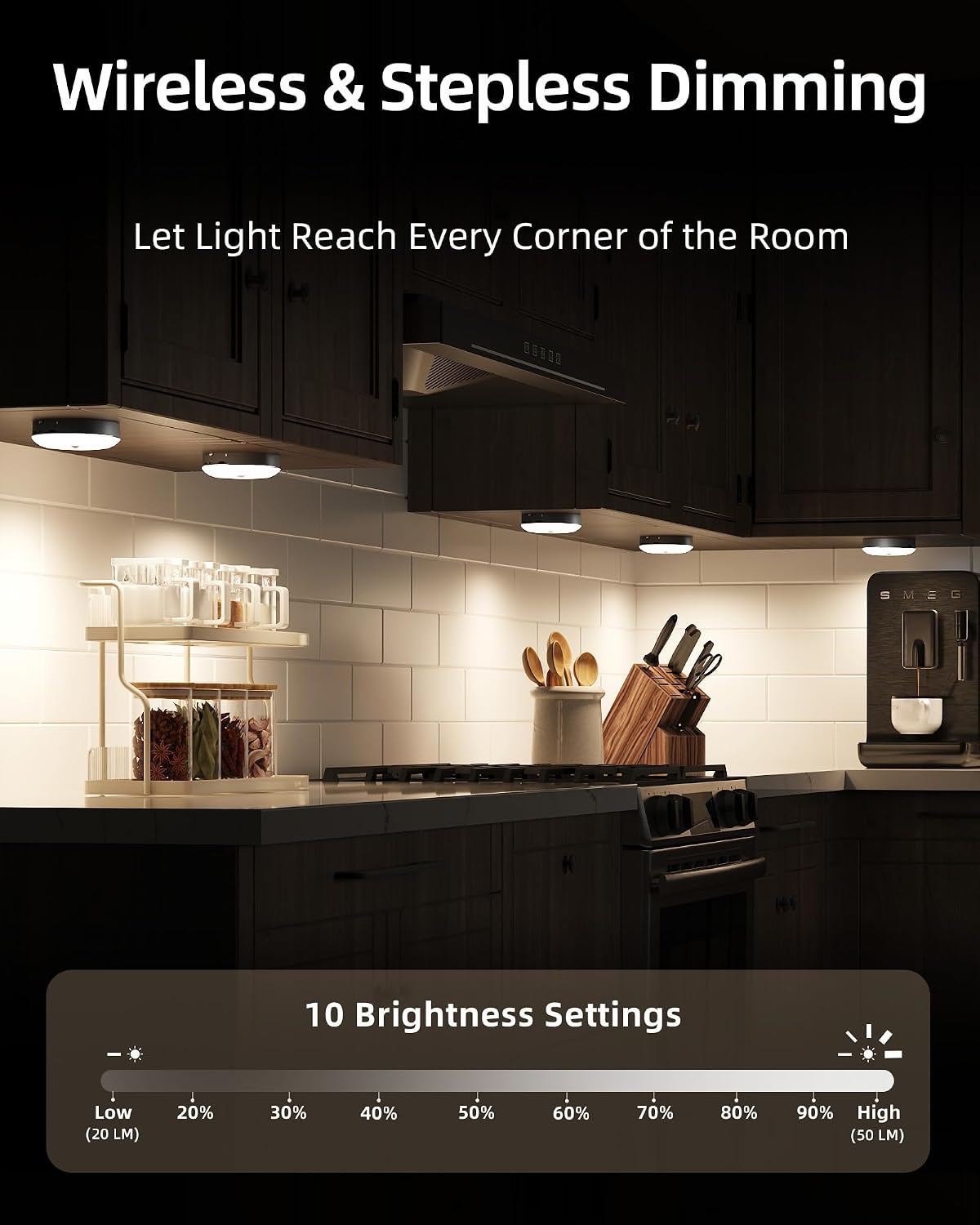 6-Pack RGB Under Cabinet Lights with Remote, Rechargeable Motion Sensor Puck Lights, 3 Color Temps, 12 RGB Colors, Dimmable (Black)