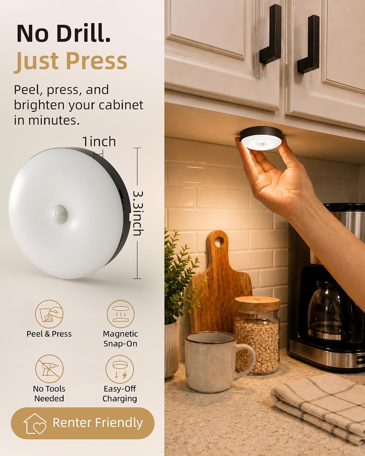 6-Pack RGB Under Cabinet Lights with Remote, Rechargeable Motion Sensor Puck Lights, 3 Color Temps, 12 RGB Colors, Dimmable (Black)