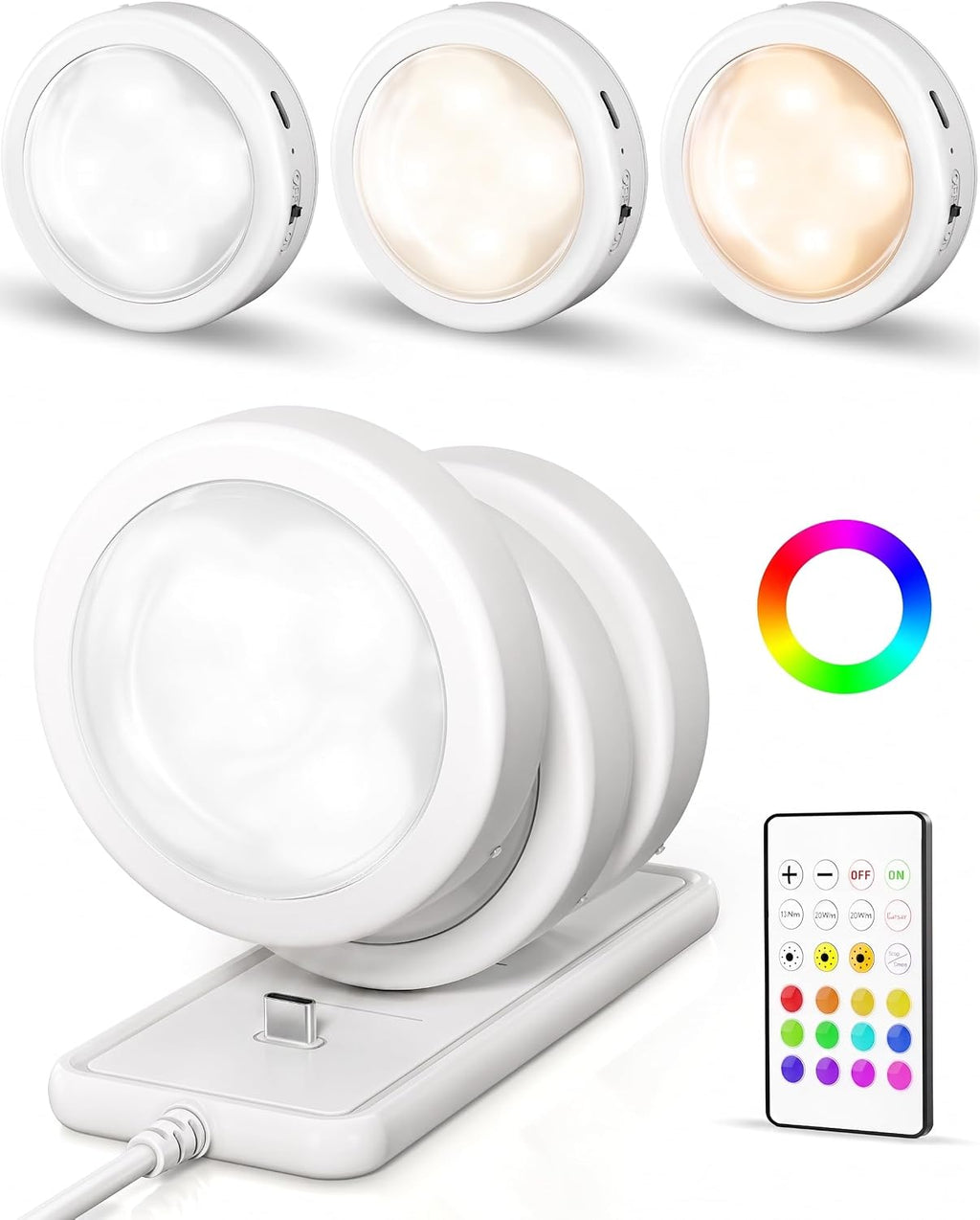 6-Pack Rechargeable Puck Lights with Charging Station, Under Cabinet Lighting with Remote, 2.95'' Mini Tap Lights, 16 RGB Colors & 3 Color Temperatures