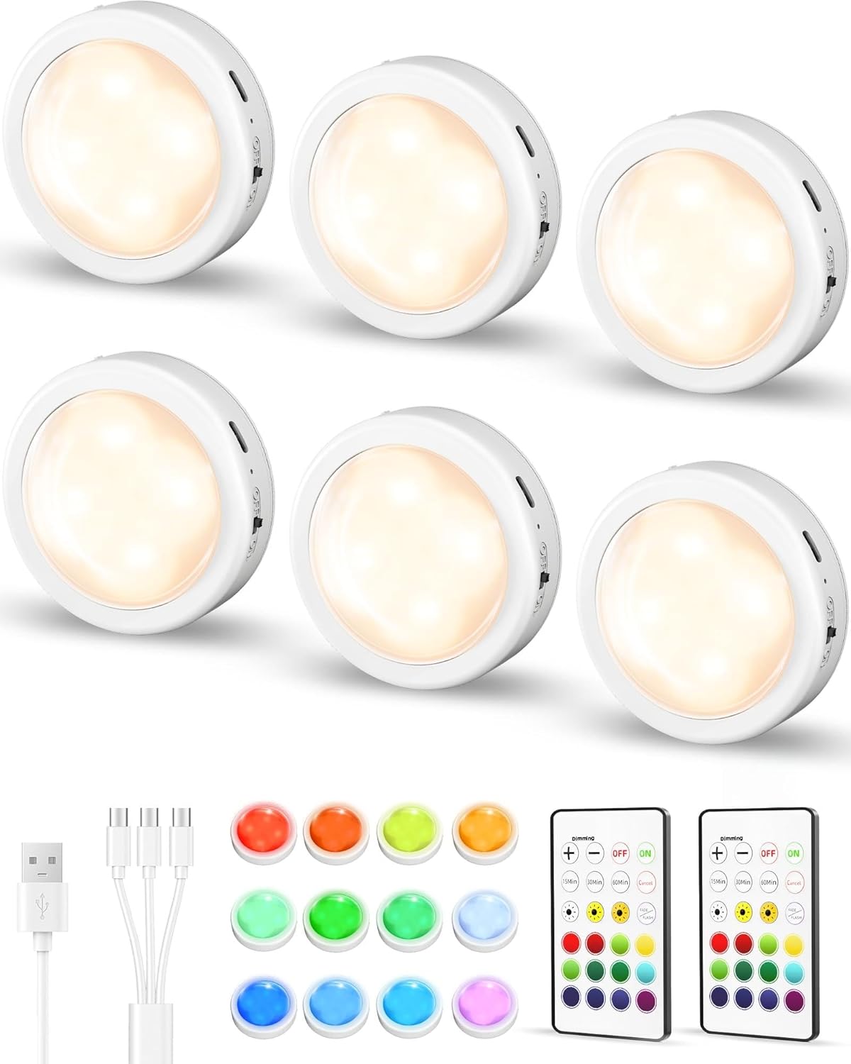 6-Pack Rechargeable Puck Lights with Remote, Mini Under Cabinet Lighting, 2.95'' Tap Lights, 16 RGB Colors & 3 White Color Temps