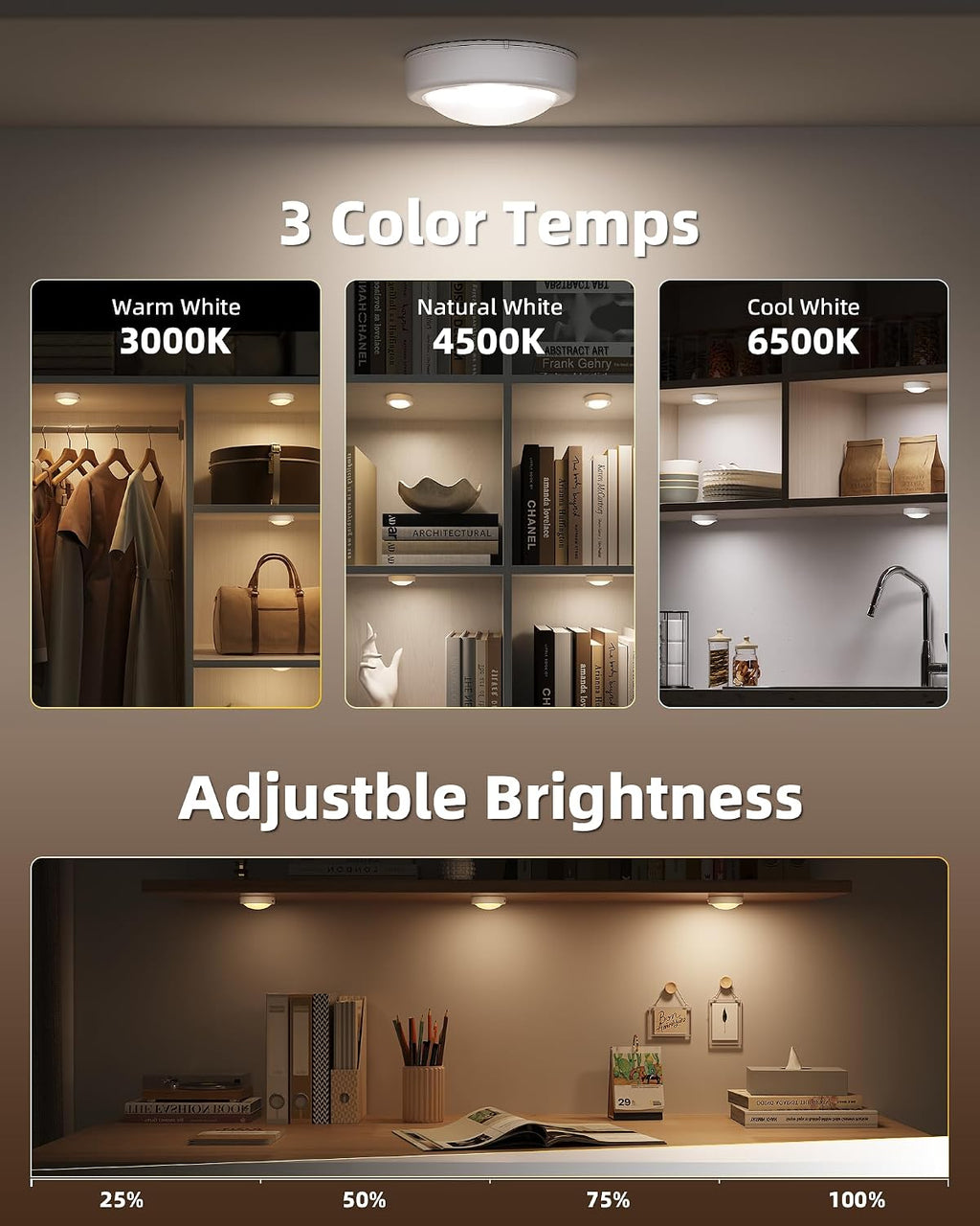 6-Pack Rechargeable Puck Lights with Remote, Mini Under Cabinet Lighting, 2.95'' Tap Lights, 16 RGB Colors & 3 White Color Temps