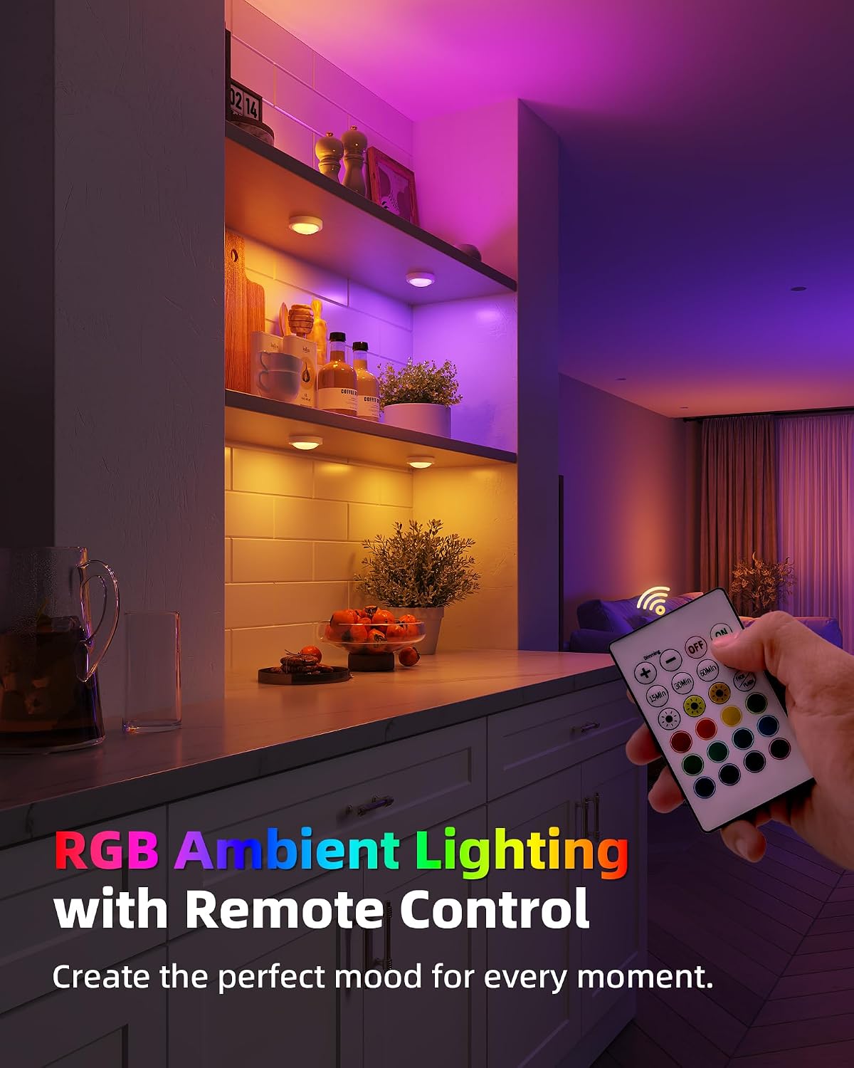 6-Pack Rechargeable Puck Lights with Remote, Mini Under Cabinet Lighting, 2.95'' Tap Lights, 16 RGB Colors & 3 White Color Temps
