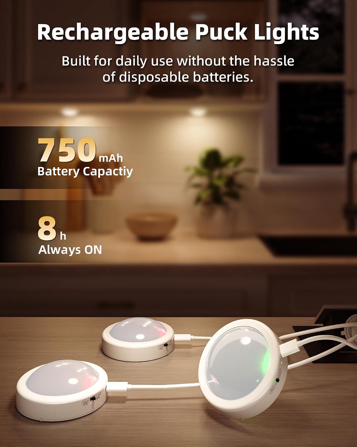 6-Pack Rechargeable Puck Lights with Remote, Mini Under Cabinet Lighting, 2.95'' Tap Lights, 16 RGB Colors & 3 White Color Temps