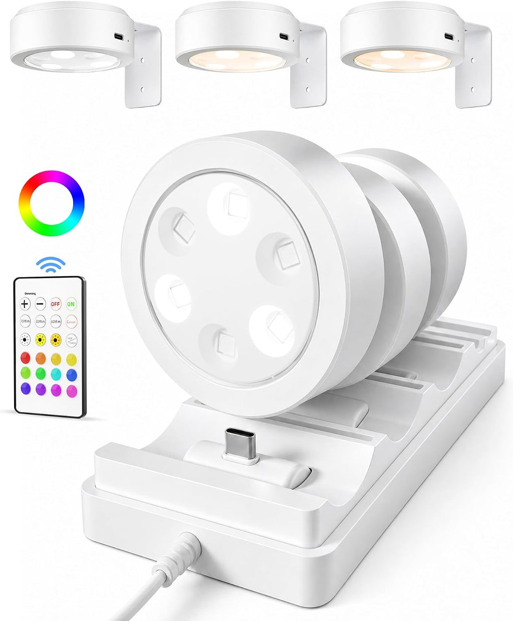 Rechargeable Battery Magnetic Poster Lights with 3 Color Temps & 12 RGB, Remote Dimmable Timer Light (6 Pack with Charging Station)