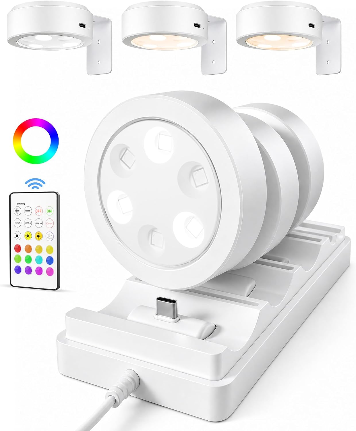 Rechargeable Battery Magnetic Poster Lights with 3 Color Temps & 12 RGB, Remote Dimmable Timer Light (6 Pack with Charging Station)