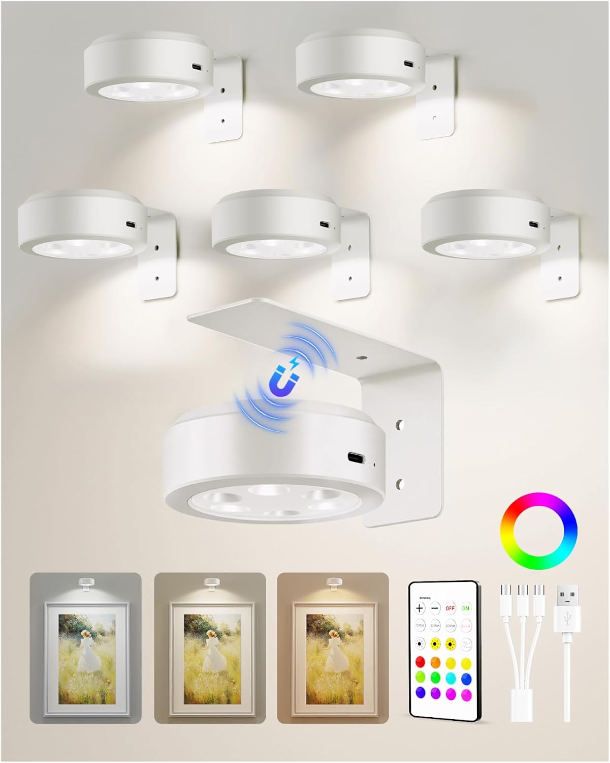 2000mAh Rechargeable Battery Magnetic Poster Lights with 3 Color Temps & 12 RGB, Remote Dimmable Timer Painting Light (6 Pack)