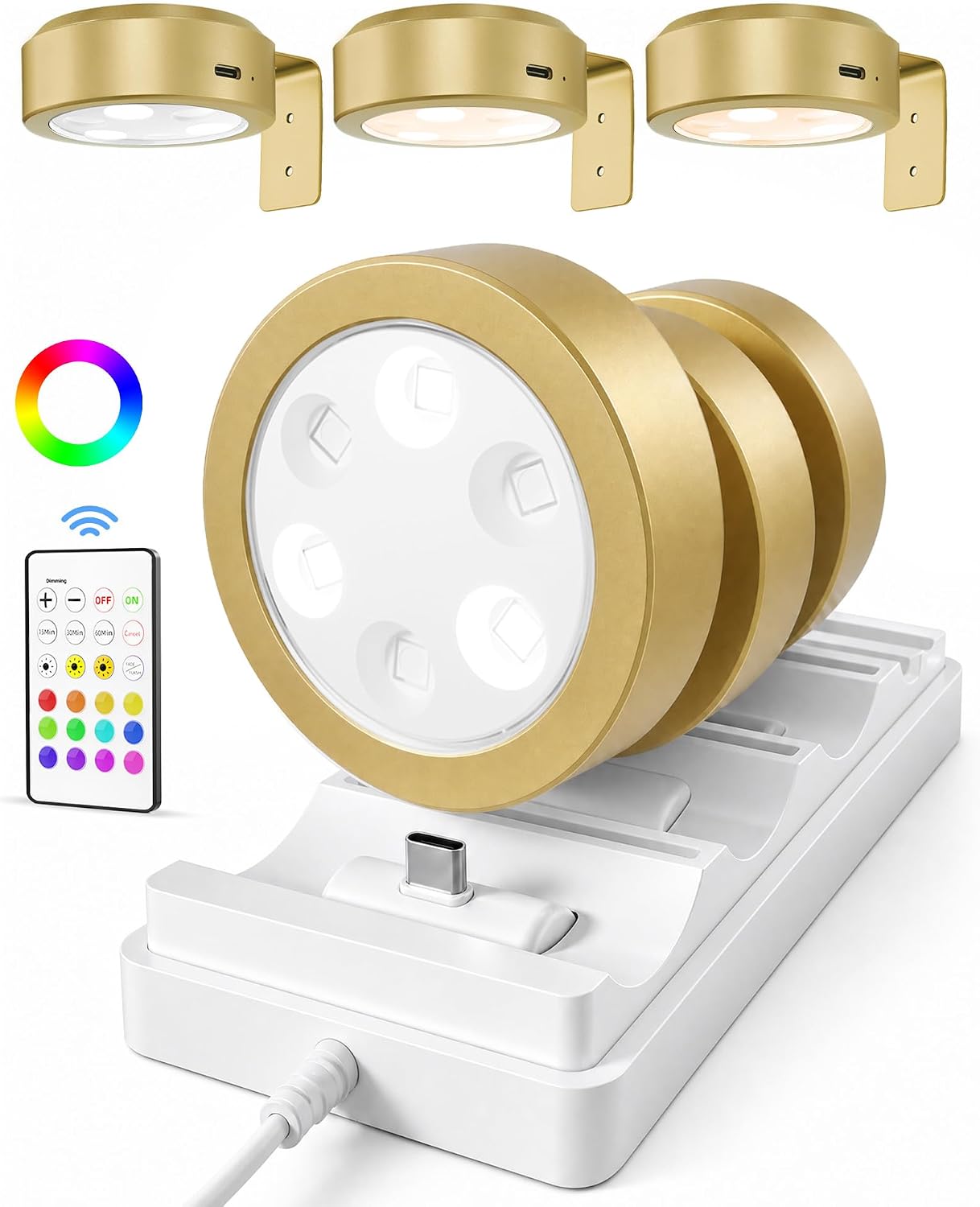 Rechargeable Battery Magnetic Poster Lights with 3 Color Temps & 12 RGB, Remote Dimmable Timer Light (6 Pack with Charging Station)