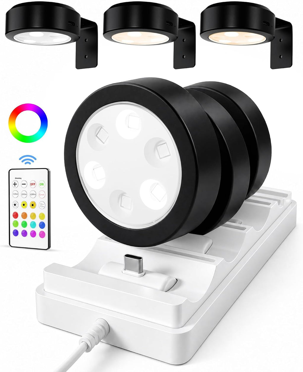 Rechargeable Battery Magnetic Poster Lights with 3 Color Temps & 12 RGB, Remote Dimmable Timer Light (6 Pack with Charging Station)