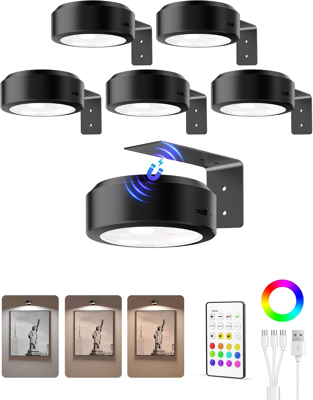 2000mAh Rechargeable Battery Magnetic Poster Lights with 3 Color Temps & 12 RGB, Remote Dimmable Timer Painting Light (6 Pack)